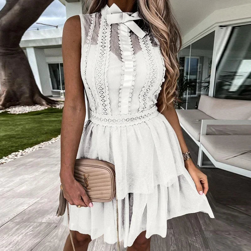 Shdowlass  -  Sexy See Through Mesh Lace Party Dress Women Hollow Out Ruffles Office Lady Mini Dress Summer Bowknot Polka Dot Print Dresses