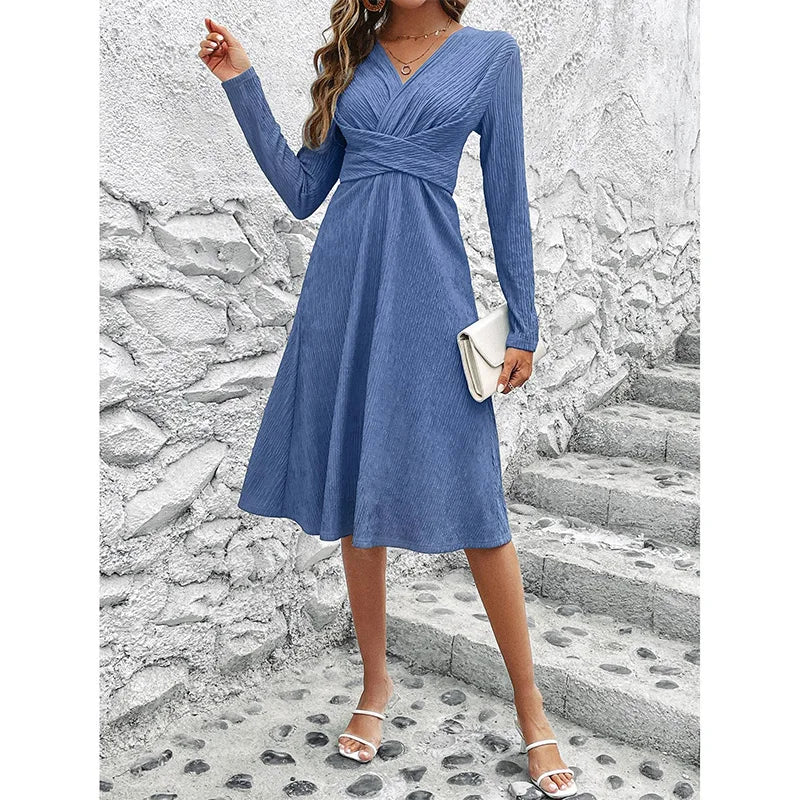 vmtvr  -  Casual V-Neck Pit Strip Long Sleeve Waist Retraction Spring Autumn Clothes Blue Pullover Knurling A-line Midi Dress for Women