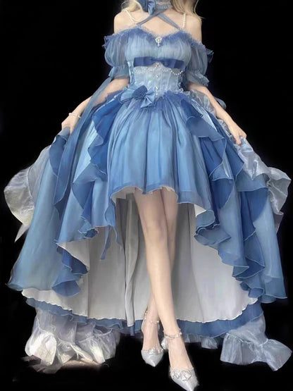 Blue Flower Wedding Dress Lolita Dress Lolita Heavy Industry Tug Tail Fluffy Front Short Back Long Escaping Princess Dress