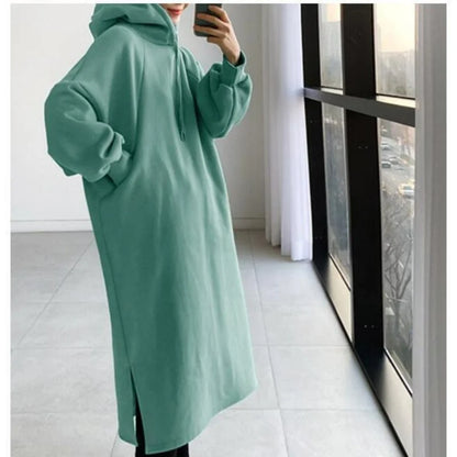 vmtvr Thicken Autumn Winter Women Oversized Hoodie Long Dress Solid Fashion Long Sleeve Female Clothing Split Casual Loose New Dresses