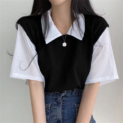 -Summer Academy Style Color Blocking Polo Collar Top Fake Two-piece Short Sleeve T-shirt Women Lazy Loose Casual Versatile Blouse