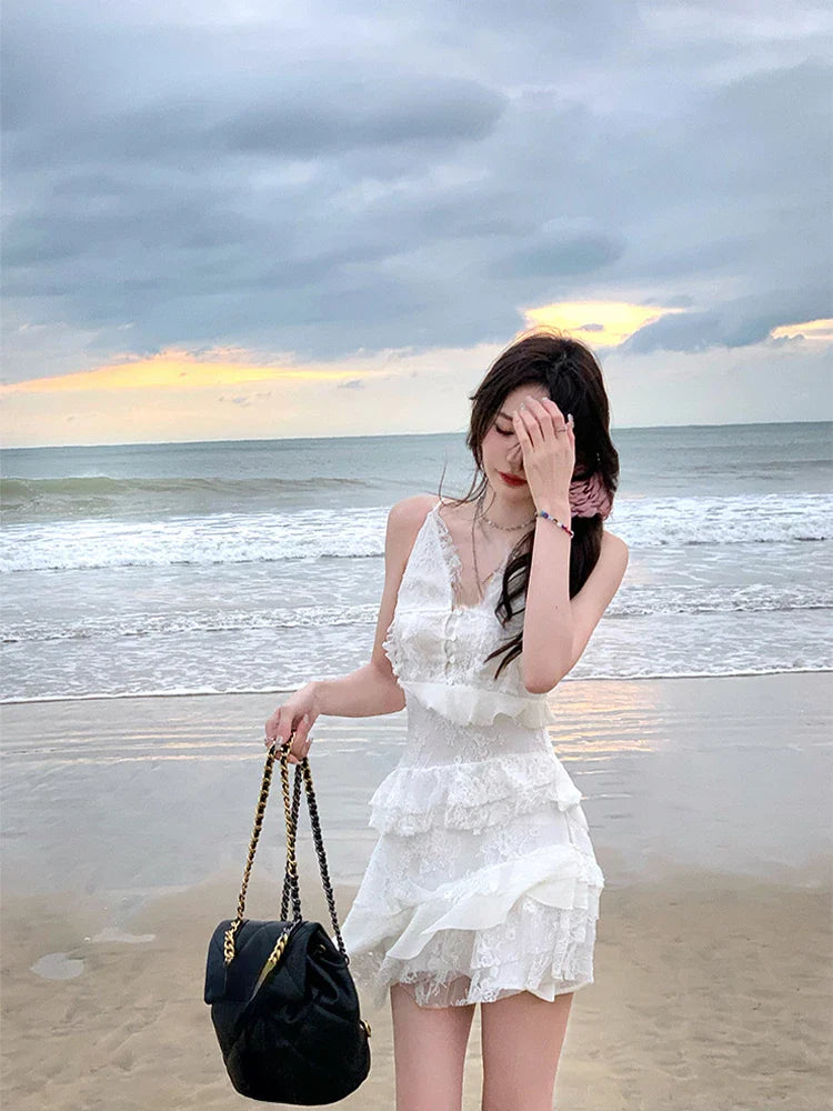 vmtvr Beach Style Whit V-Neck Dress Even Party Female Elegant 2000s Vintage Clothing Korean Fashion Y2k Mini Dress Women Summer Boho