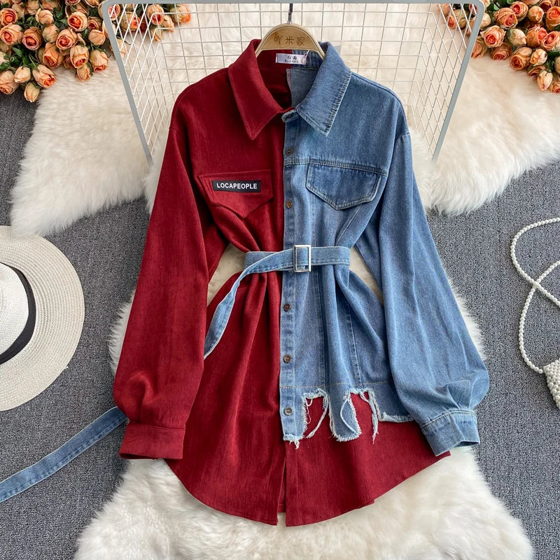 vmtvr  -  New Arrival | Korean Style Denim Patchwork Dress | Slimming Waist Turn-Down Collar | Irregular Midi Shirt Dress | Office