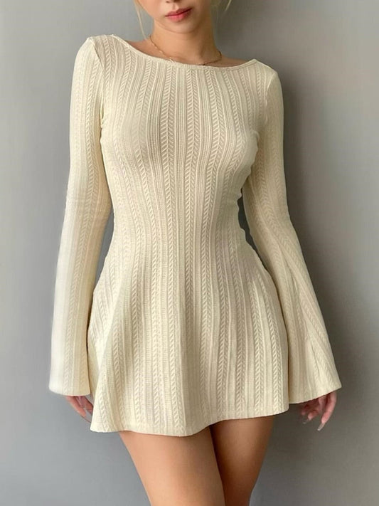 vmtvr - Backless Chic Solid Long Sleeve Autumn Dress Women Korean Fashion Basic Mini Dresses Slim Elegant Clothes Ladies Robe