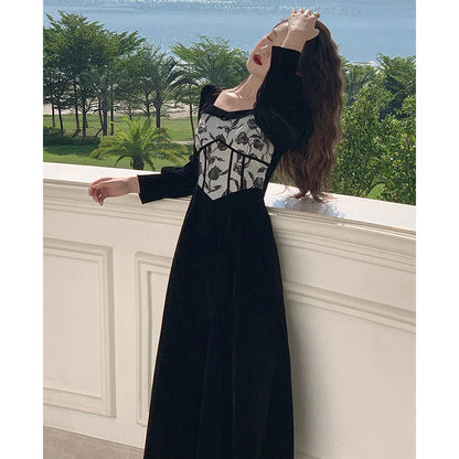 vmtvr  -  Elegant Women Dress Velvet New French Vintage Party Evening Dress Office Ladies Casual Long Sleeve Y2K Black Female Clothing