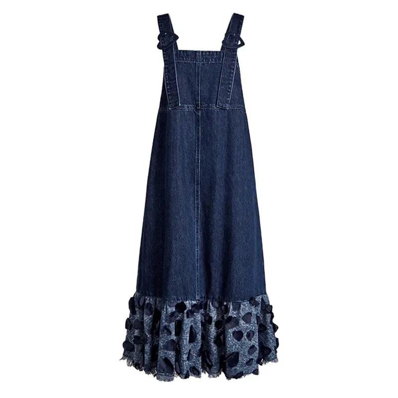 vmtvr Vintage Patchwork Denim Mermaid Dress Women Korean Style Elegant Spaghetti Strap Long Dress Summer Casual Loose Suspender Dress