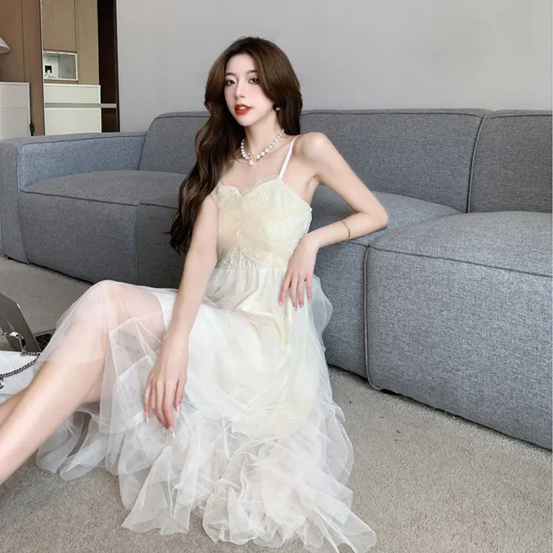 Summer Sweet Women Party White Dress Vintage Sleeveless Mesh Dress Robe Female Sundress Chic Princess A Line Midi Dress Vestido