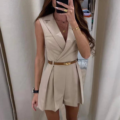 vmtvr 2024 Spring Notched Collar Short Jumpsuit Women Elegant Solid Pleated Playsuit Romper New Summer Sleeveless Tank Office Overalls