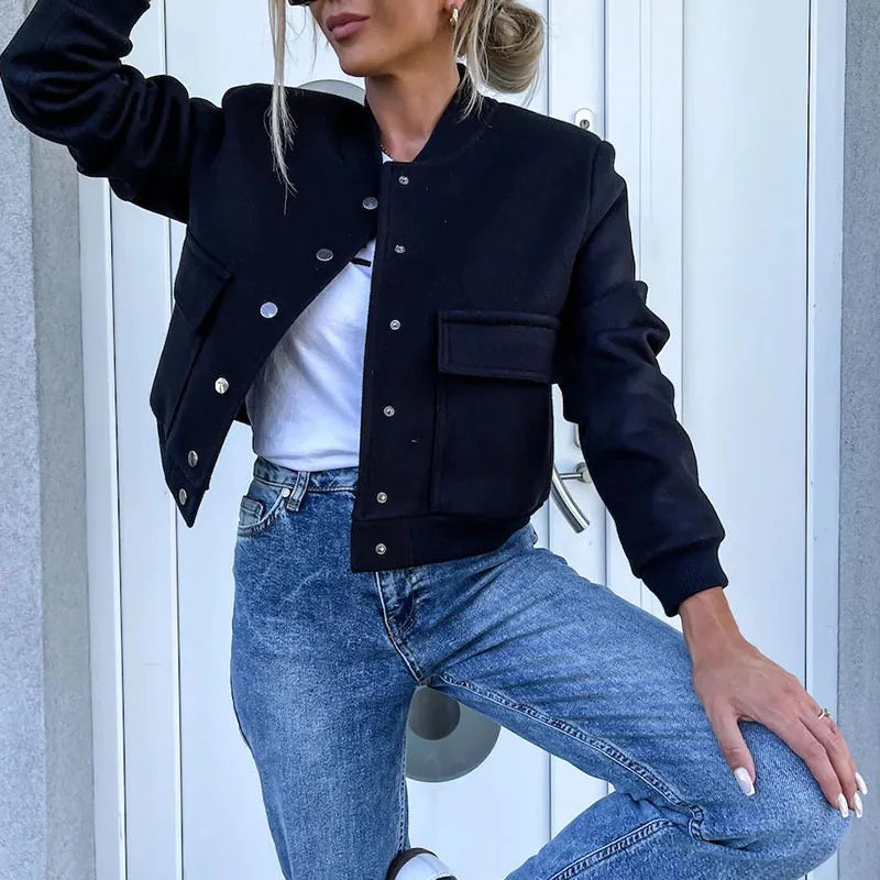 vmtvr Female Retro Baseball Uniform Style Jacket Autumn Stand Collar Button Women Tops Cardigan Winter Long Sleeve Woolen Coat Outwear