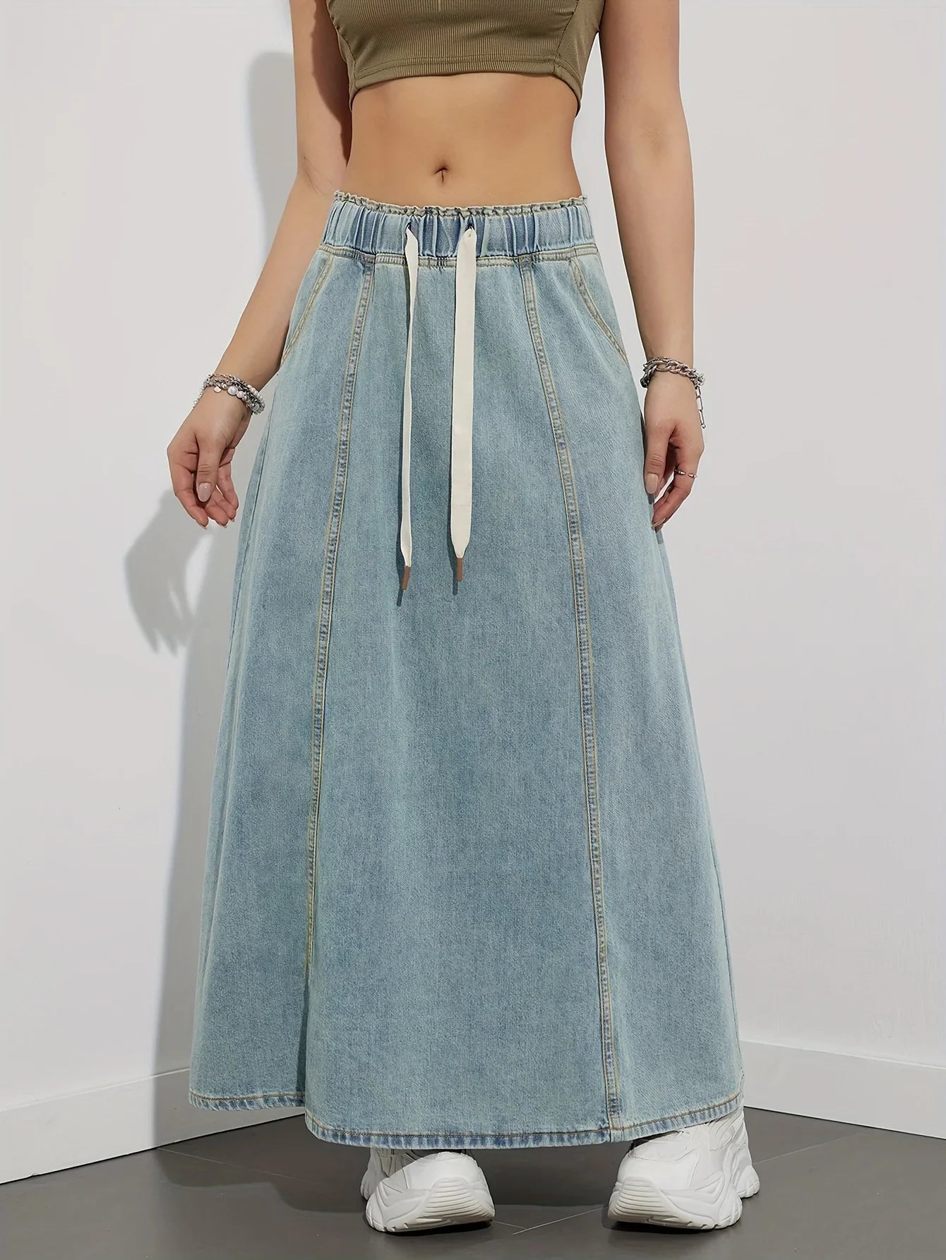 vmtvr Chic High Waist Ladies Long Pockets Lace Up Jeans Skirts 2024 Summer Autumn Women Denim Midi A-Line Maxi Skirts