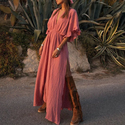 vmtvr Summer Loose Ruffle Short Sleeve Cover Up Dress Casual Women's Pleated Beach Long Dresses 2024 Sexy Deep V High Split Robe Dress