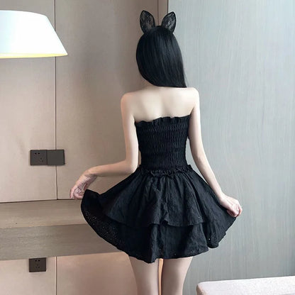 vmtvr Women White Mini Dress Korean Fashion Sexy Strapless Dresses Summer Casual High Waist Female Folds Ball Gown Dress