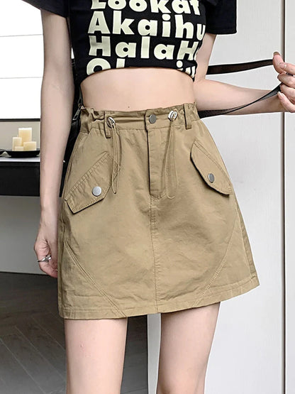 vmtvr Women Drawstring Cargo Skirt Fashion High Waist Preppy Style A Line Mini Skirt Summer Korean Casual All Match Sexy Skirt