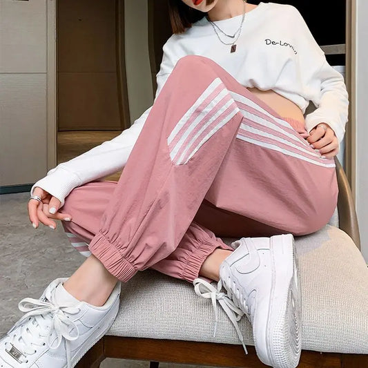 vmtvr Preppy Style Sweet Women Pink Striped Sweatpants Spring Summer Thin Fashion Harajuku Elastic High Waist Casual Casual Trousers