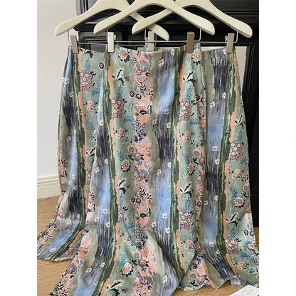 vmtvr  -  Army Green Style Halo Dyed Floral Side Slit Long Dress Women Summer Floral Fragrance Oil Painting Print Beach Dresses