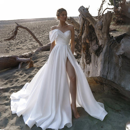 vmtvr - Custom Made Bridal Satin Wedding Gowns Runched One Shoulder 2022 Vestido Novia A Line Wedding Dresses Long Train