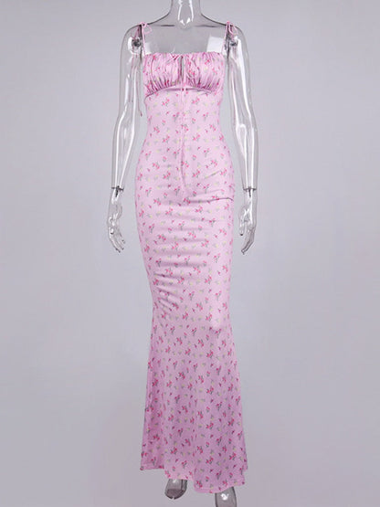 vmtvr Floral Print Cottagecore Elegant Sleeveless Maxi Sundress Sexy Backless Women Party Club Tie Front Dress Holiday