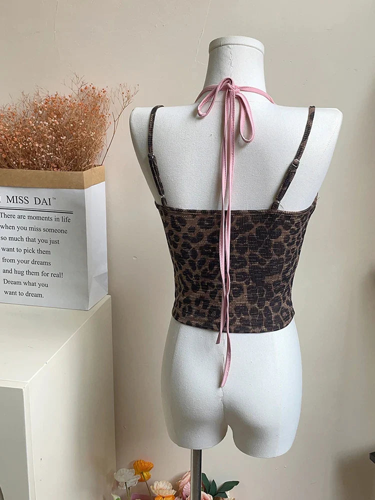 vmtvr Summer Women Korean Ballet Core Fake Two Pieces Camisole Coquette Dark Academia Leopard Print Crop Top Gyaru 2000s Aesthetic Hot