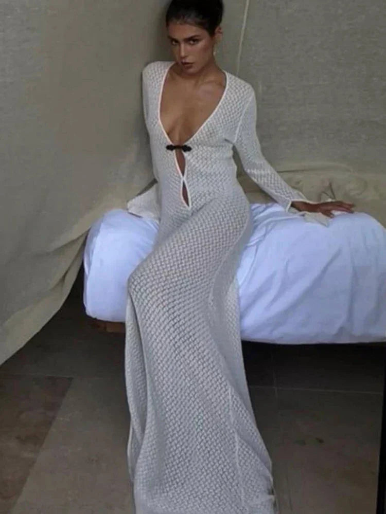 Summer Beach Holiday Knitted Maxi Dress Outfits for Women Party Club Long Sleeve See Through Dresses Hollow Out