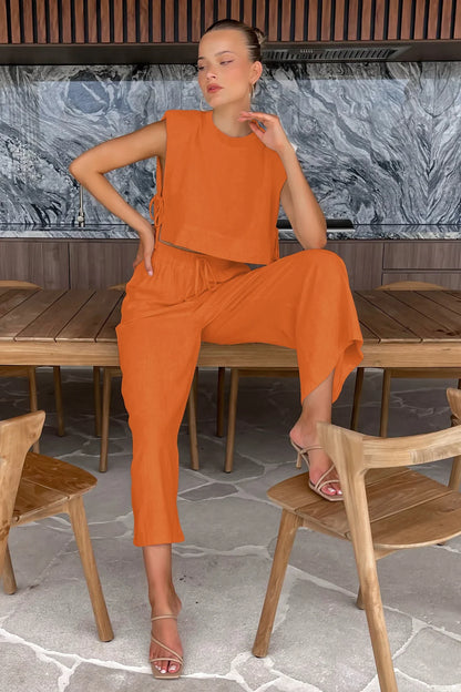 vmtvr Women's Cotton Linen Pants Set Summer Women's Loose Shoulder Pads Side Slit Sleeveless Top Casual Pleated Wide Leg Pants Suit