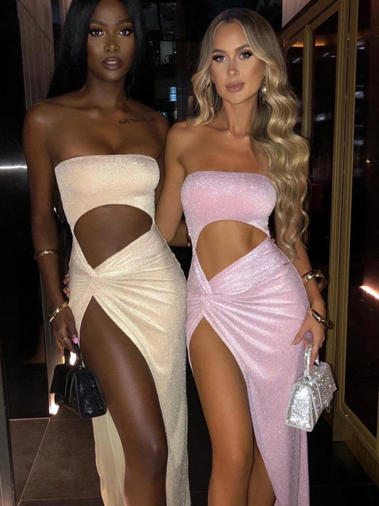 vmtvr Sexy Hollow Out Strapless High Split Maxi Dress Women Gown Summer Sleeveless Backless Club Party Long Dress Vestido