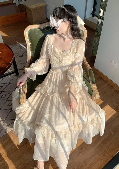 vmtvr Court Vintage Fairy Dress Women Sweet Ruffles High Waist Elegant Princess Dress Female Summer Casual Classy Party Dress New