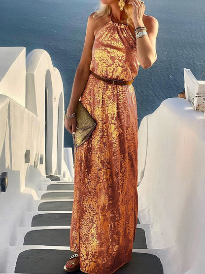 vmtvr - Beach Style Lady Casual Sleeveless Long Dress Streetwear Women Halter Backless Print Dress Loose Off Shoulder Summer Maxi Dress