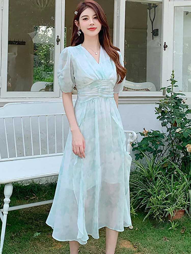 vmtvr 2024 Green Print Chiffon Casual Beach Long Dress Summert Fashion Chic Ruffled Party Vestidos Women Elegant Bodycon Evening Dress