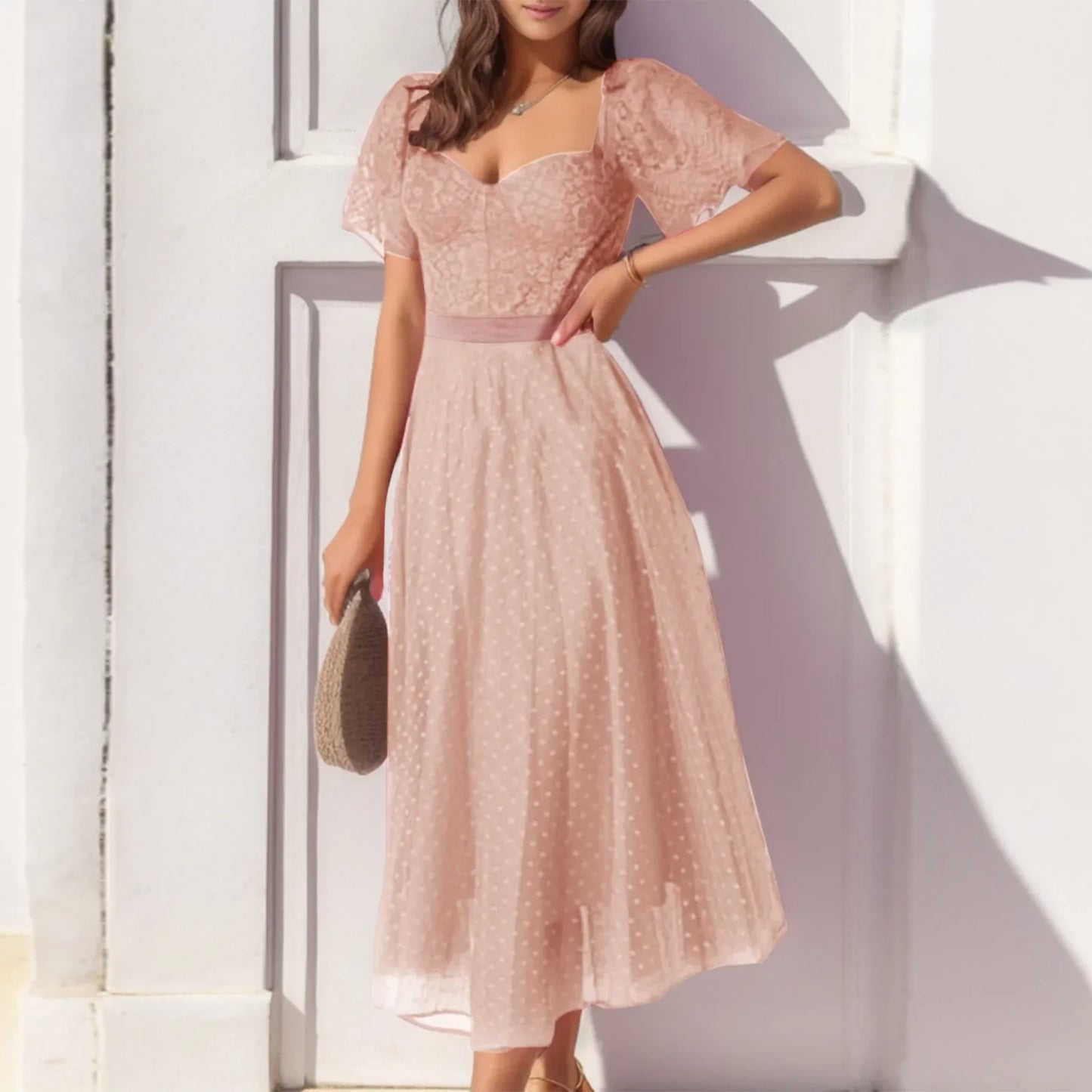 High Waist Vintage Square Collars Tulle Long Dress Summer Women Sexy Short Sleeve Long Dresses Elegant Party Evening Midi Dress