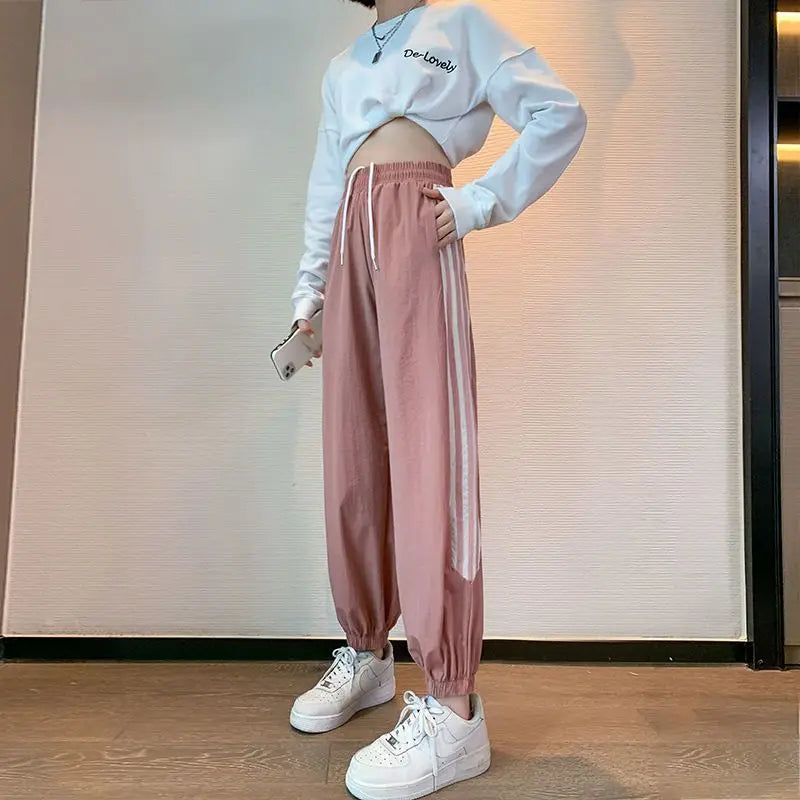 vmtvr Preppy Style Sweet Women Pink Striped Sweatpants Spring Summer Thin Fashion Harajuku Elastic High Waist Casual Casual Trousers