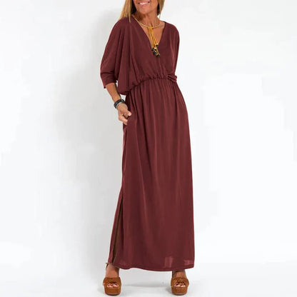 vmtvr Bohemian V Neck High Waist Long Dress Women 2024 Spring Solid Side Split A-Line Party Dress Summer Short Sleeve Loose Maxi Dress