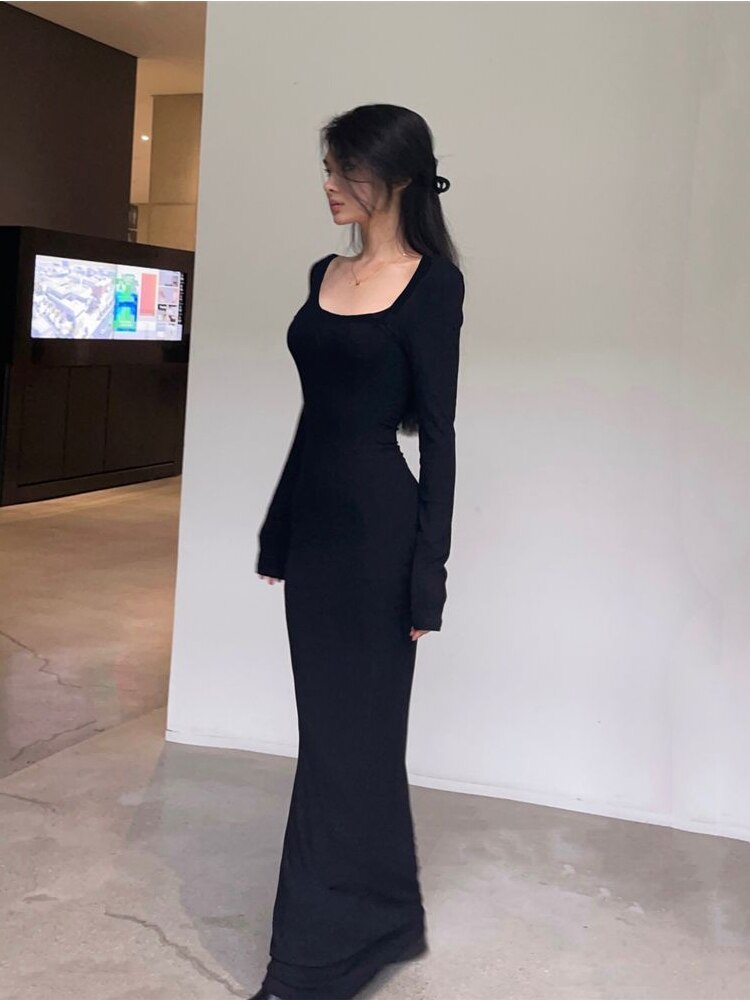 Y2K Sexy Black Dress Women Vintage Wrap Slim Bodycon Long Dresses Party Evening Square Collar 2023 Fashion Spring Outfits