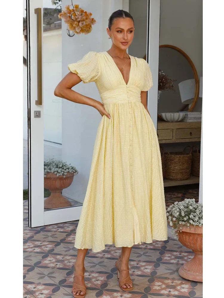 vmtvr  -  V-neck Yellow Puff Sleeve Split Solid Summer Women Dress A-line Maxi Long Sundress Vestido Button Beach Dress Party