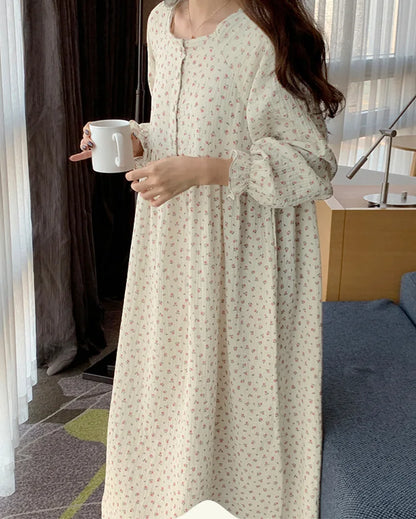 vmtvr   -  Muslin 100%Cotton Gauze Fashion Print Women Dress Casual Chic Long Sleeve Button Up Oversized Long Dresses Comfortable Homewear