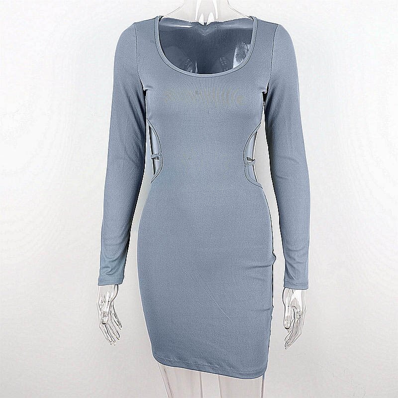 vmtvr - Blue Bodycon Dresses for Women  Spring Fashion Cut Out Lace Up Backless V Neck Long Sleeve Mini Dress