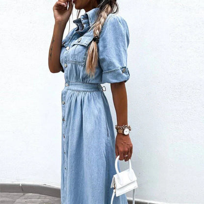 vmtvr New Turn-down Collar Short Sleeve Summer Dress Women's Single Breasted Pocket Casual Dress Denim High Waist Pleated 2024 Dresses