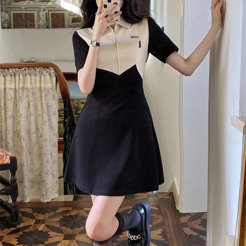 vmtvr Patchwork Fork Women Dress Korean Fashion Zipper Short Sleeved Dress Y2K Summer Grace Female Preppy Style Dresses New