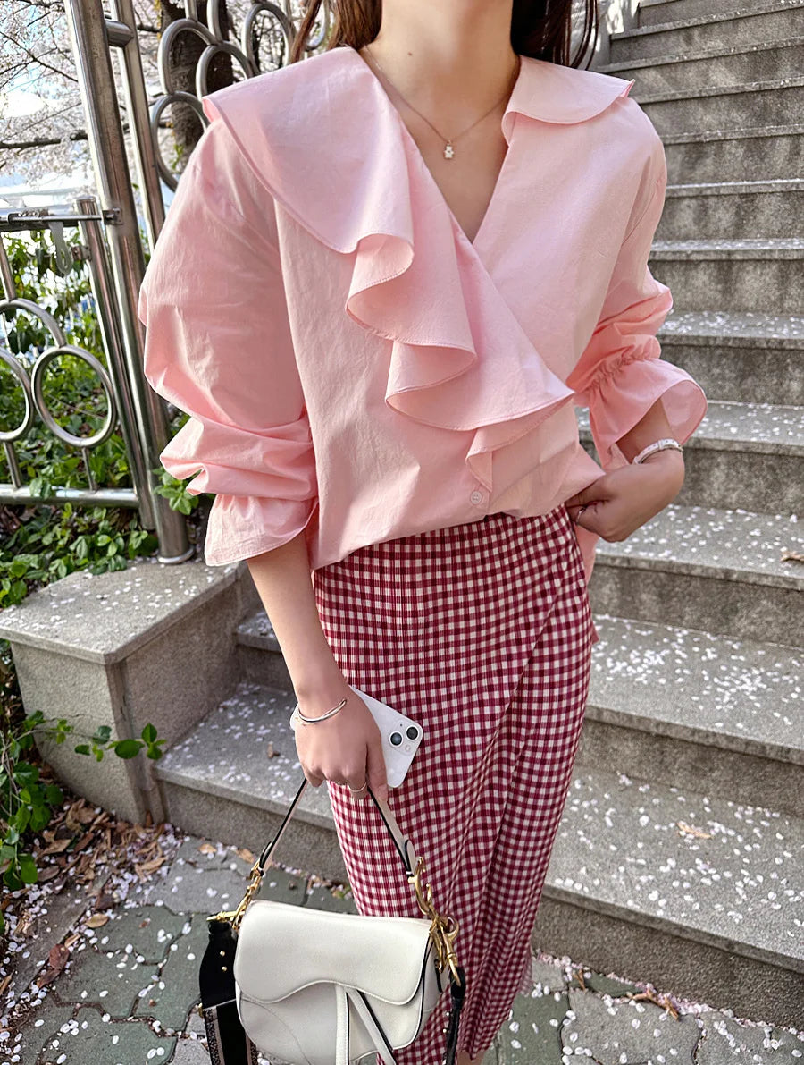 vmtvr Ruffles V-Neck Cotton Shirts Elegant Women Female Lantern Sleeve Tops Blouses Casual OL Shirt Blusas Spring Summer