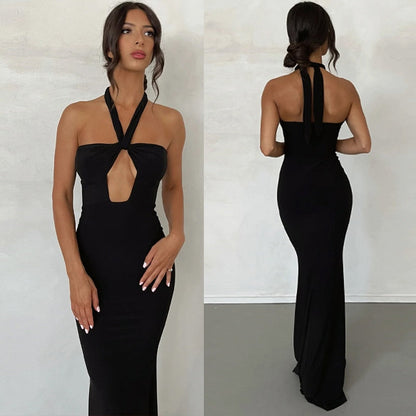 vmtvr - Elegant Backless Party Dress for Women Summer Sexy Halter Neck Bodycon Maxi Dress 2023 Evening Club Long Dress Black Vestido