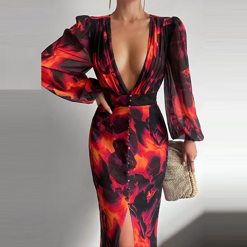 Women Sexy Button V-Neck Slit Party Dress Lady Elegant Print Slim Maxi Dress Spring Summer Casual Long Sleeve High Waist Vestido