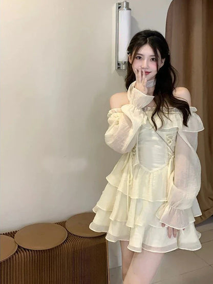 vmtvr Summer Elegant Ruffles Fairy Dress Women Casual Sweet Lolita Party Dress Long Sleeve One Piece Dress Korean Female Fashion