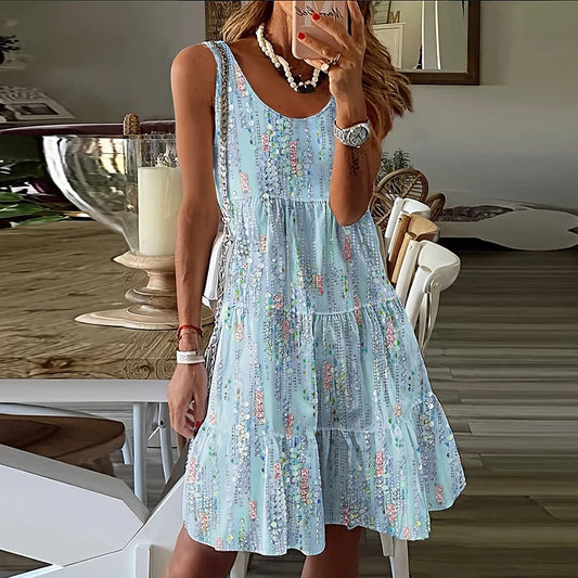 Shdowlass  -  Summer Elegant Crew Neck Tank Dress Women Casual Sleeveelss Loose Party Midi Dress Fashion Print Pleated Pullover A-Line Dresses