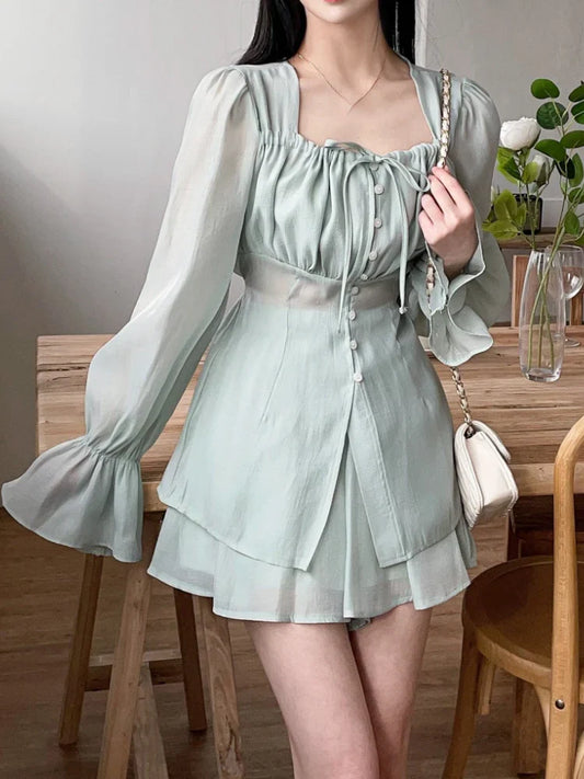 vmtvr Japanese Y2k Elegant 2 Piece Set Women Puff Sleeve French Vintage Designer Chic Suit Female Button Retro Clothes 2024 Summer New