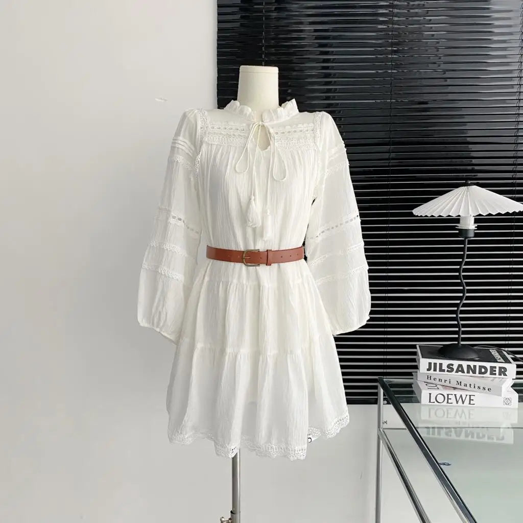 vmtvr Elegant Hollow-out White Dresses Women Autumn New Lantern Sleeve With Belt Mini Dress French Style Short Vestidos Female Clothes