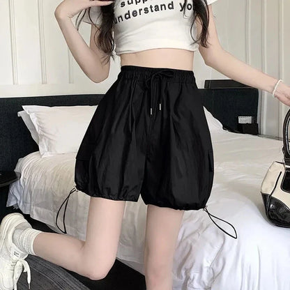 vmtvr Streetwear Women Cargo Shorts Summer Fashion Drawstring Loose Wide Leg Pants Y2K Casual Pockets Female Lantern Shorts New