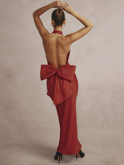 vmtvr - Backless Big Bow Halter Evening Party Red Dresses Elegant Chic Women's Off Shoulder Long Wedding Party Prom Dress 2023 Summer