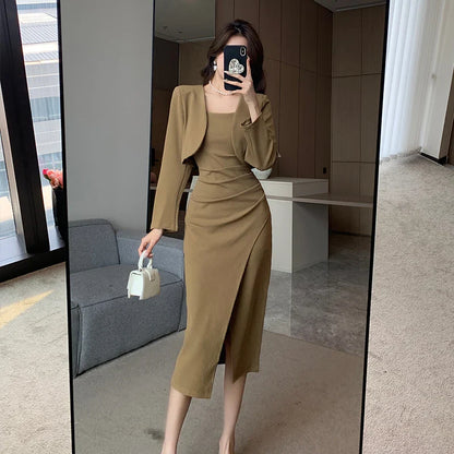 vmtvr New Vintage Solid Elegant Midi Dresses for Women with Long Sleeved Cardigan Autumn Fashion Party Birthday Dress Korean Style