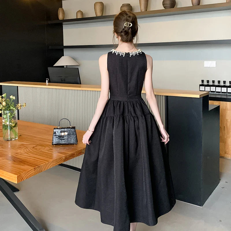 vmtvr  -  Elegant Black Midi Dress for Women Summer New Fashion Sleeveless A-line Pleated Solid Office Casual Korean Female Clothing