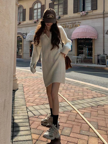 White Warm Knitted Mini Dress Women Long Sleeve Elegant Vintage Dress Female Casual Korean Fashion Loose Y2K Sweater Dress 2023