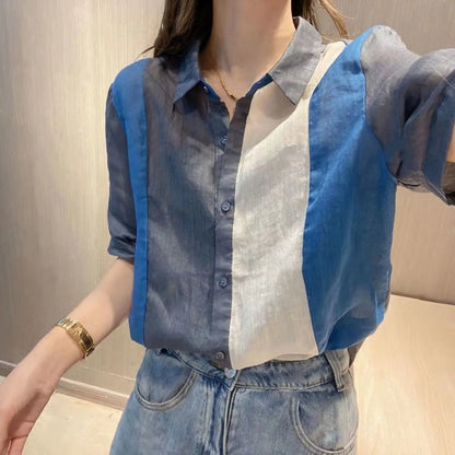 vmtvr Fashion Vintage Spliced Contrast Short Sleeve Chiffon Shirts Summer Loose Versatile Youth Korean Clothing Basic Casual Blouses